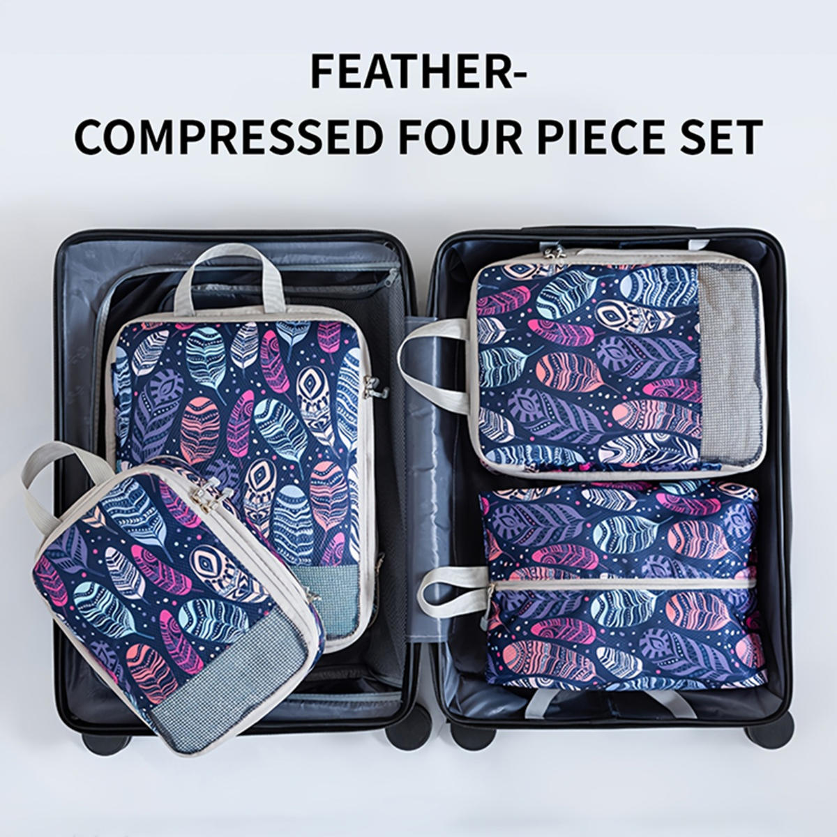 

4pcs Compression Storage Bag Large Capacity Foldable Packing Cubes Washable Expandable Luggage Storage Bags Set feather