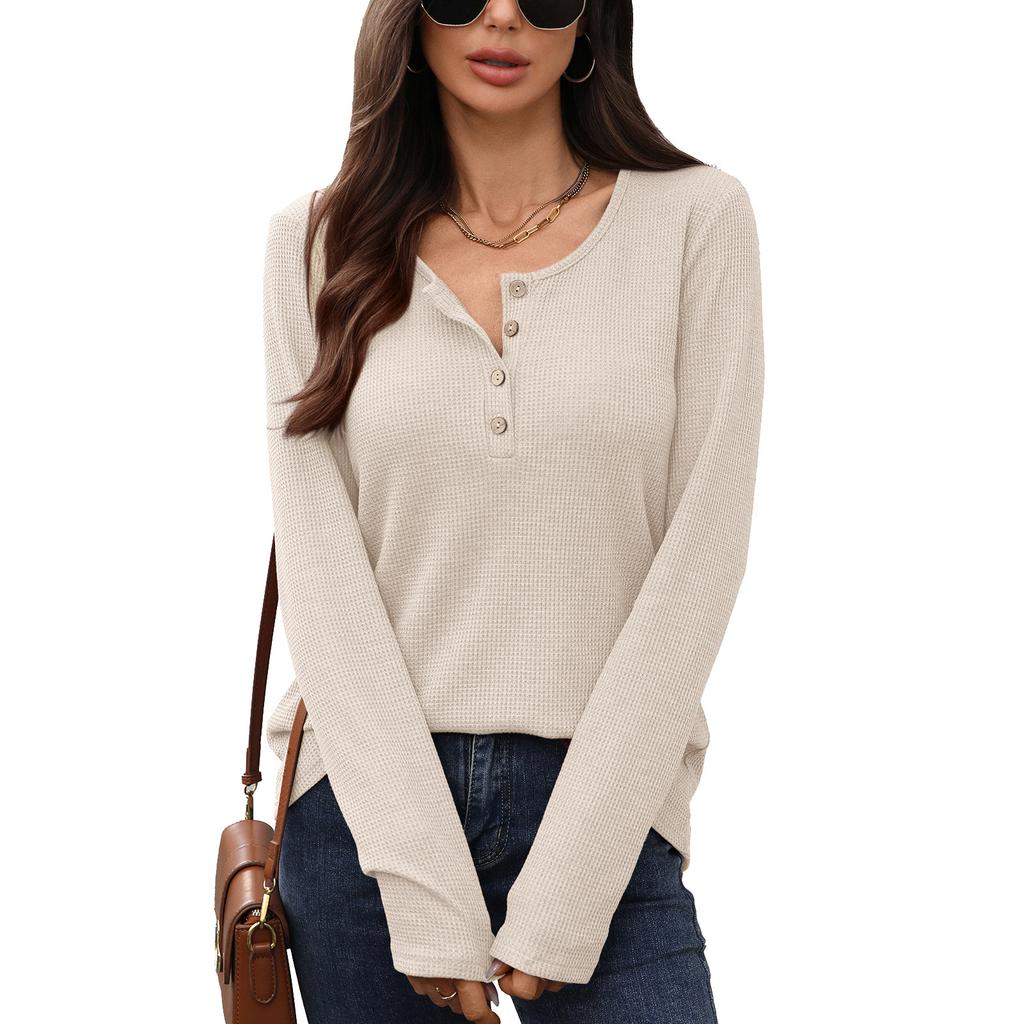 Women's Henley Long Sleeve Top Button Placket Textured Slim Fit Solid Color Casual Basic Fall T Shirt