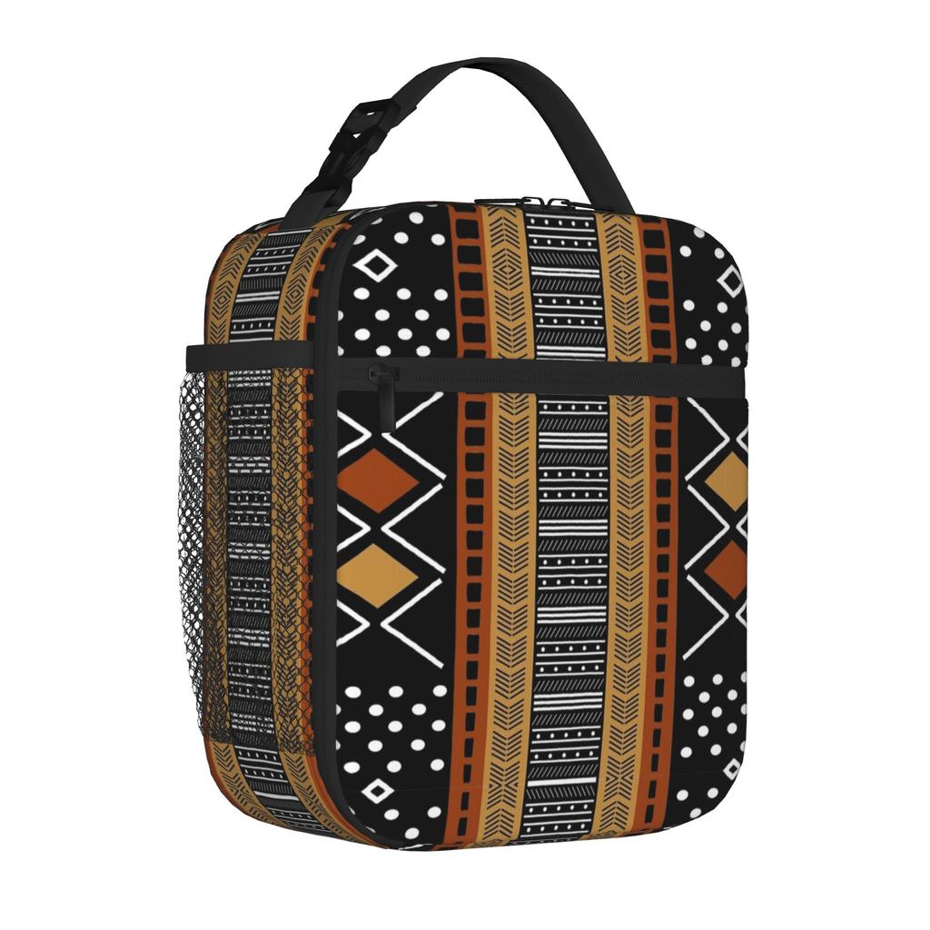 African Ethnic Tribal Ankara Tote Insulated Lunch Bag Mud Cloth Carry Food Bags Leakproof Thermal Cooler Spacious Bento Box