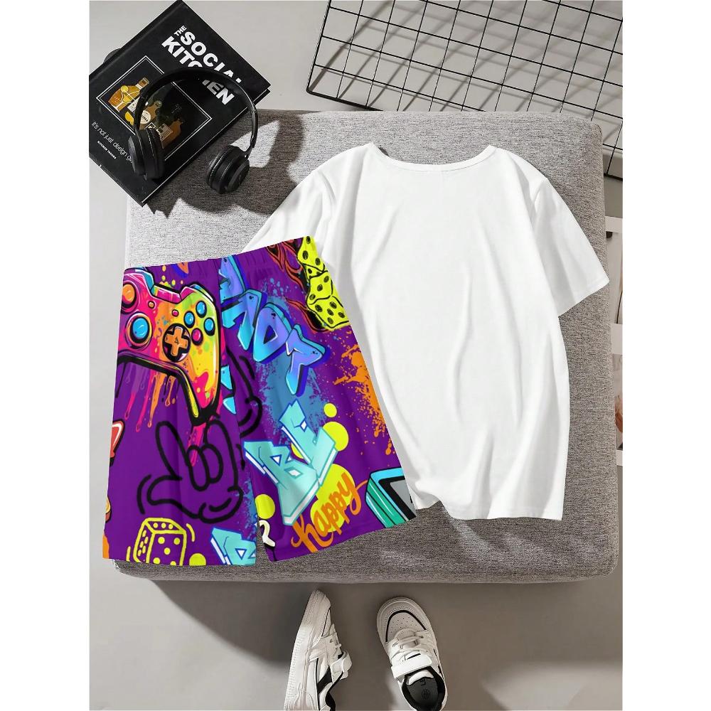 Tween Boy Casual And Simple Gaming Console Patterned Short Sleeve T-Shirt And Shorts Set, Suitable For Summer