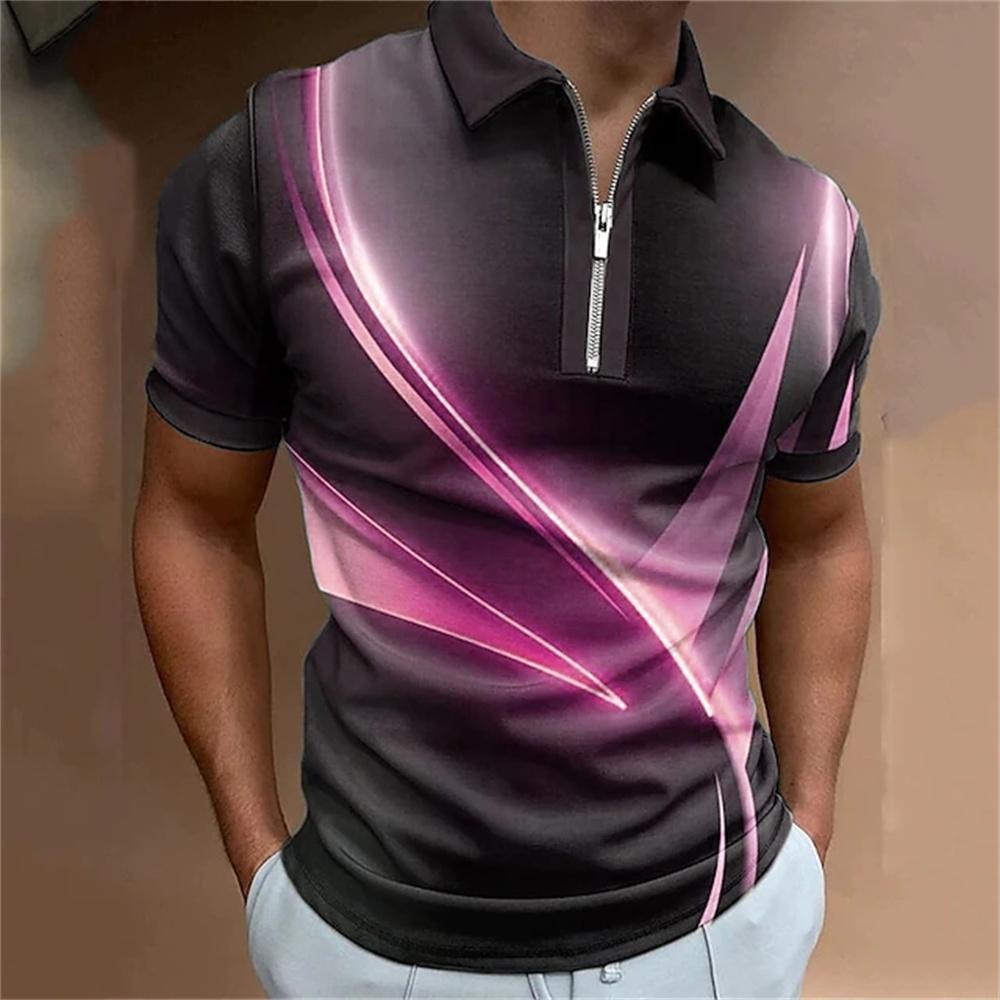 Men's fashion, casual collar and zipper bar, staircase printed golf clothing, short sleeved T-shirt