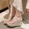 Fashion transparent with wedge heels slippers summer woven bottom waterproof table women's shoes high-end one-word