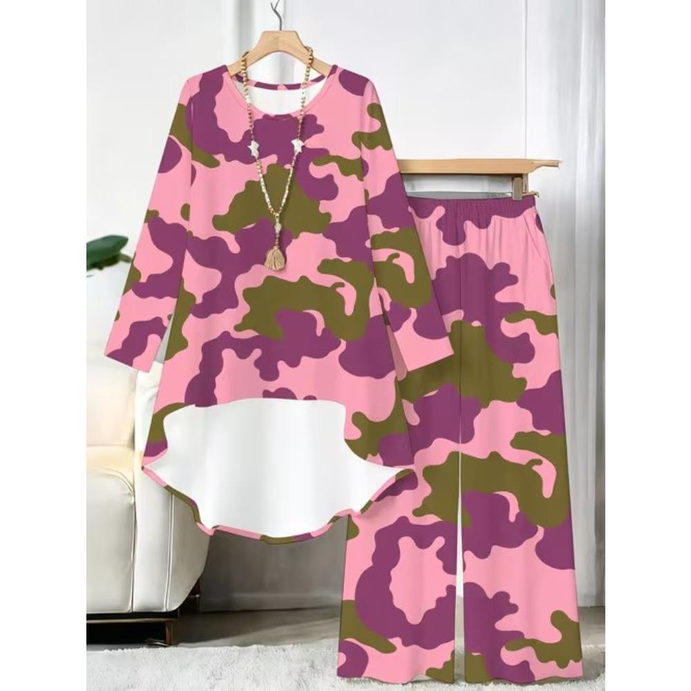 Stripe Print Two Piece Outfit Women Long Sleeve Irregular Hem Tunic Top Wide Leg Pants Casual Matching Set