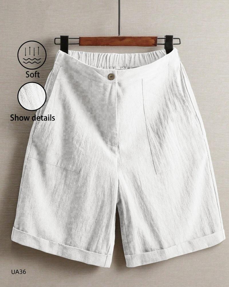 

Women s High Waist Cotton Linen Blend Shorts Elastic Waist with Pockets Summer Casual Loose Wide Leg Rolled Hem Female Pants 2XL