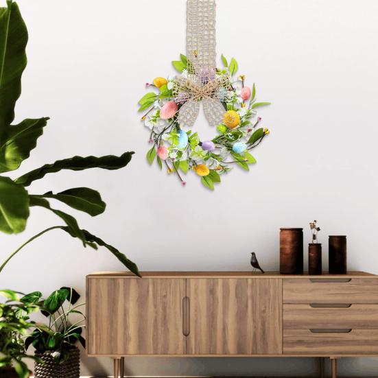Small Easter Egg Wreath for Front Door Artificial Spring Colorful Eggs Wreath Farmhouse Hanging Kitchen Cabinet Wreath with Ribbon