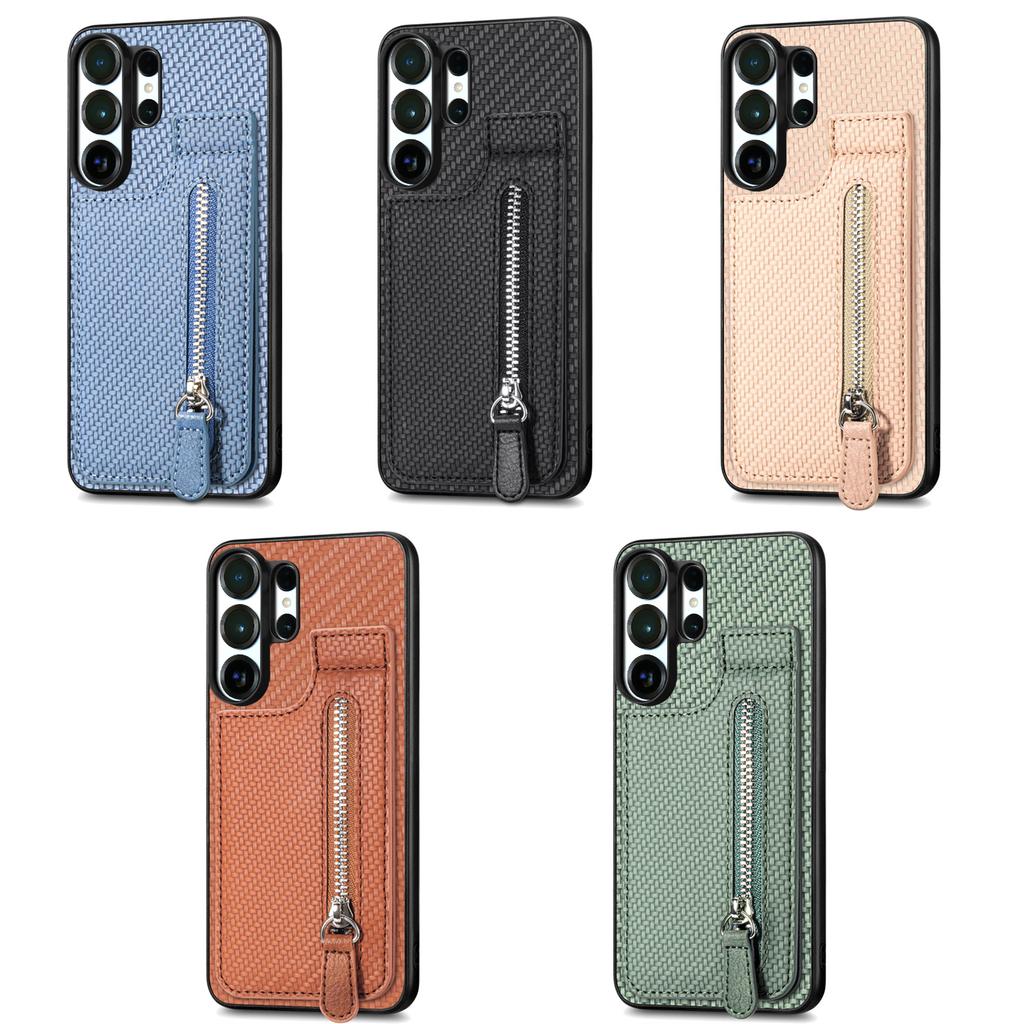 Zipper Magnetic Carbon Fibrer Cards Solt Wallet Phone Case For Samsung S25 Ultra S24 Plus S23 A17 A07 Kickstand Flip Cover
