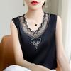 Vestă din satin pentru femei de vară, cu decolteu în V, tricou fără mâneci, cu îmbinare din plasă, bretele largi