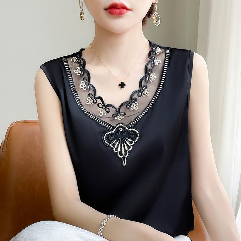 Vestă din satin pentru femei de vară, cu decolteu în V, tricou fără mâneci, cu îmbinare din plasă, bretele largi