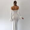 Women's Off Shoulder Flare Long Sleeve Mermaid Maxi Dress Solid Color Bodycon Evening Party Gown
