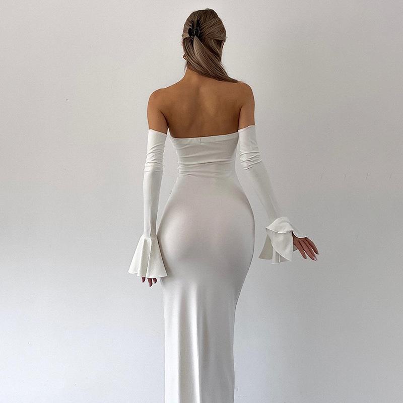 Women's Off Shoulder Flare Long Sleeve Mermaid Maxi Dress Solid Color Bodycon Evening Party Gown