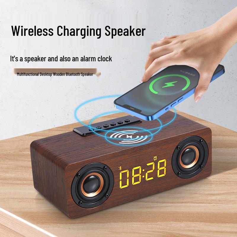 K1 Wooden Bluetooth Speaker & Wireless Charging Clock with Card Slot & U Disk Compatibility