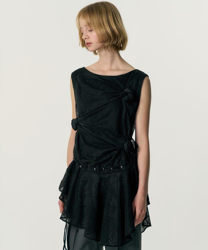 Kimjisu Multi-Knot Lace Jersey Top_Black