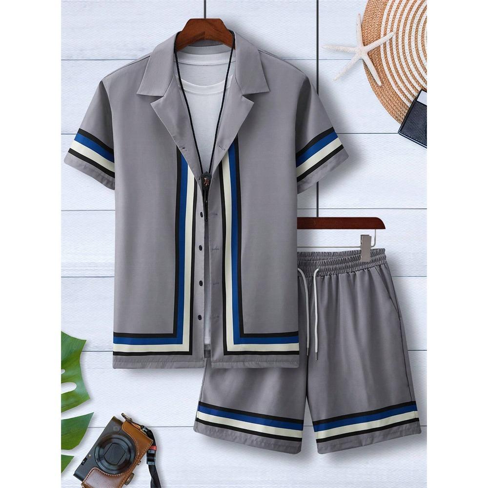 2024 New Men's Beach Wear 2-Piece Quick Drying Hawaiian Shirt and Shorts Set Summer Men's Fashion Striped Print Casual Wear