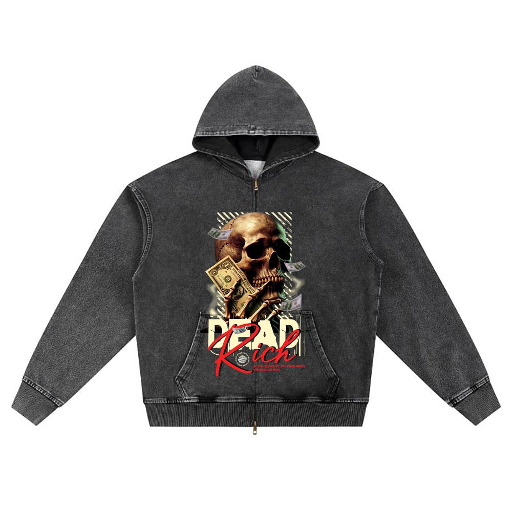 DTG print Knitted Denim Zip-Up Hoodie Dead Rich Brother Print Zipper Hoodies