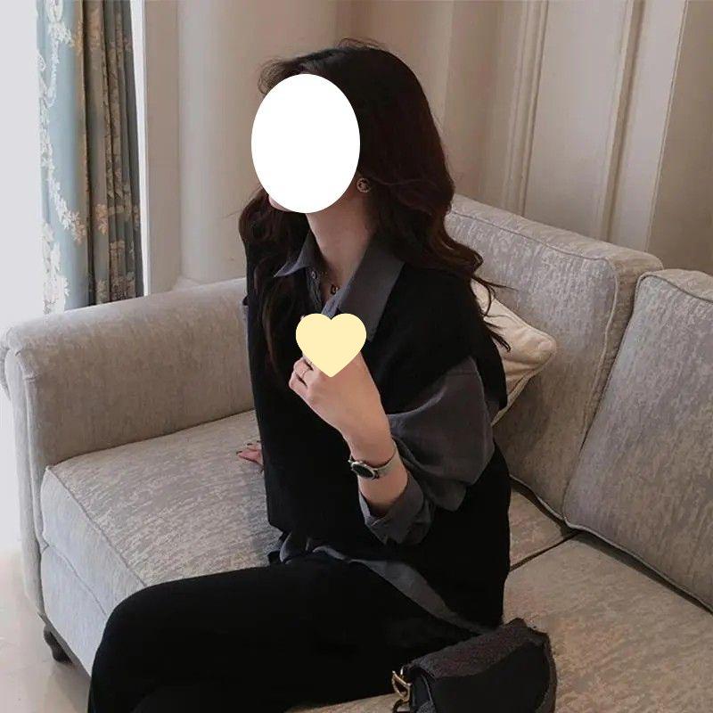 Korean Style V-Neck Vest & Long-Sleeve Blouse Set for Women - Casual Spring/Autumn Wear