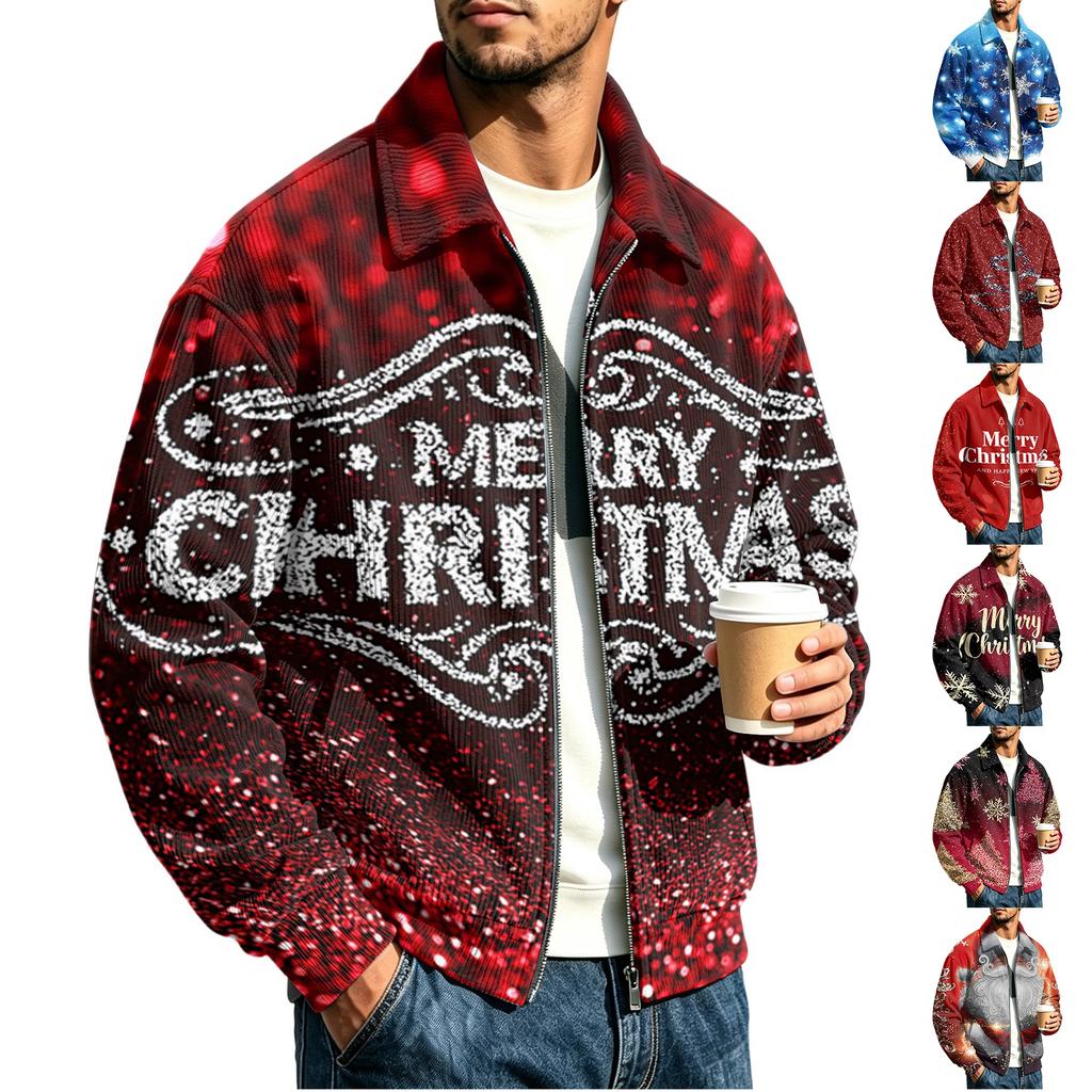Men's Christmas Print Zip-Up Jacket with Collar, Loose Fit Casual Outerwear for Holiday Parties