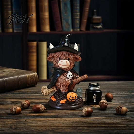 Halloween Party Supplies 2Pcs Highland Cow Witch Ornament, Resin Figurine with Hat Pumpkin Broom Fall Seasonal Displays & Skull, Cute Farmhouse