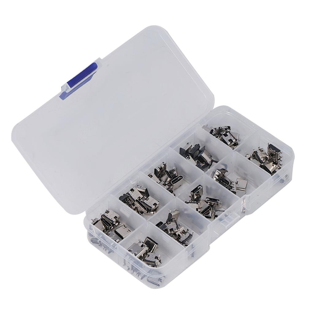 100Pcs TYPE C USB Female Plug Connector Jack Solder Repair Replacement Adapter Assortment Set