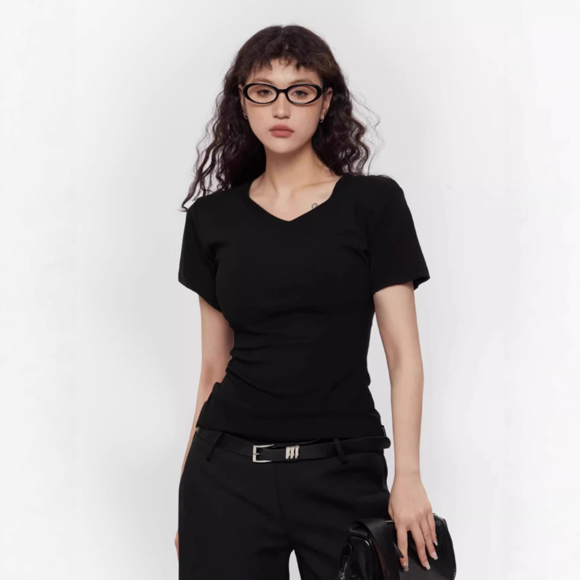 

Women s Slimming V-Neck White Short-Sleeve Base Layer Top XL (120-135 jin) чёрный