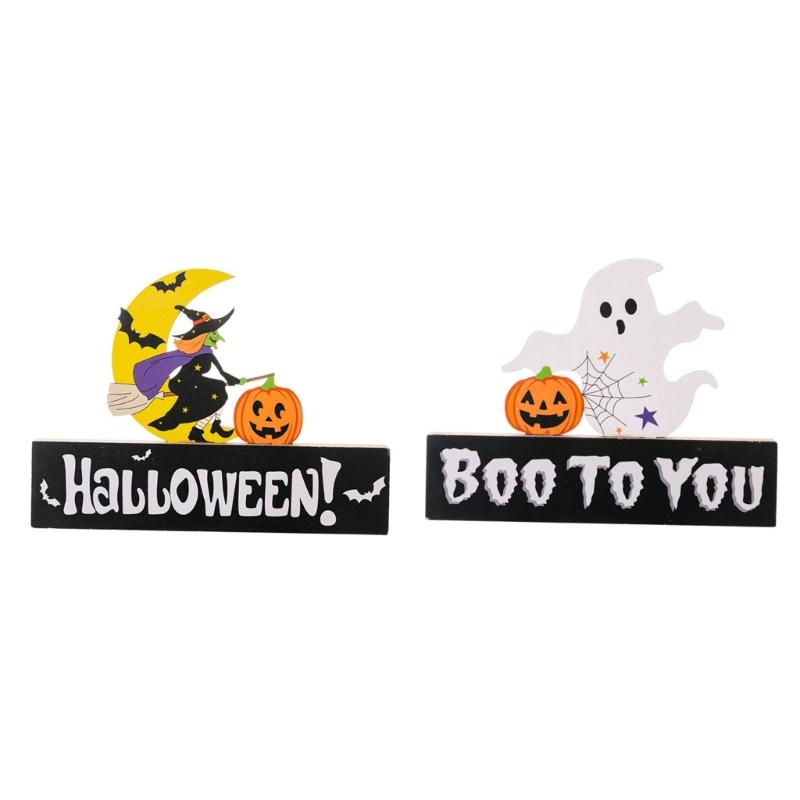 2Pcs Creative Halloween Gnomes Pumpkin Witch Figurines Wooden Block Table Sign For Festives Home Shelf Tiered Tray Decors