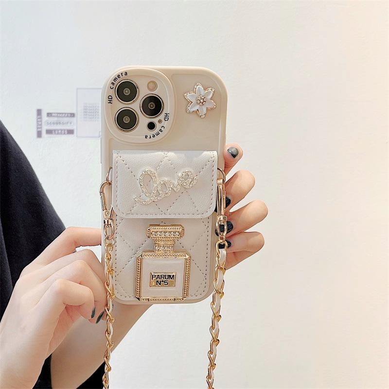 Luxury silicone perfume holder case with oblique chain for Apple 14 Promax, 13, 12, 11 soft full package card holder.