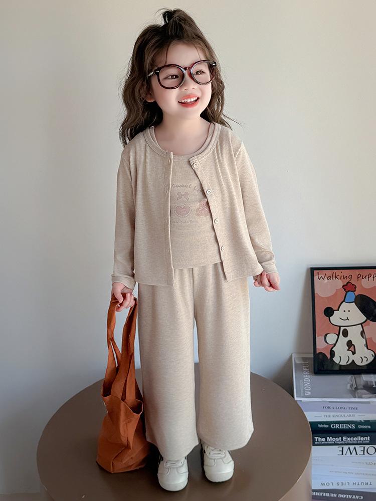 2025 Autumn Girls' Korean Style Three-Piece Set: Teddy Bear Cardigan, Knitted Sweater Vest, and Wide-Leg Pants