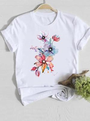 Summer Graphic Tee Fashion T-shirts Clothing Short Sleeve Ladies Watercolor Style Flower Casual Women Female T Shirt Clothes