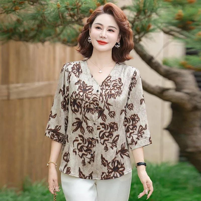 Temperament Middle-aged and Elderly Summer Floral Tops Fashionable Three-quarter Sleeve Cardigans Versatile