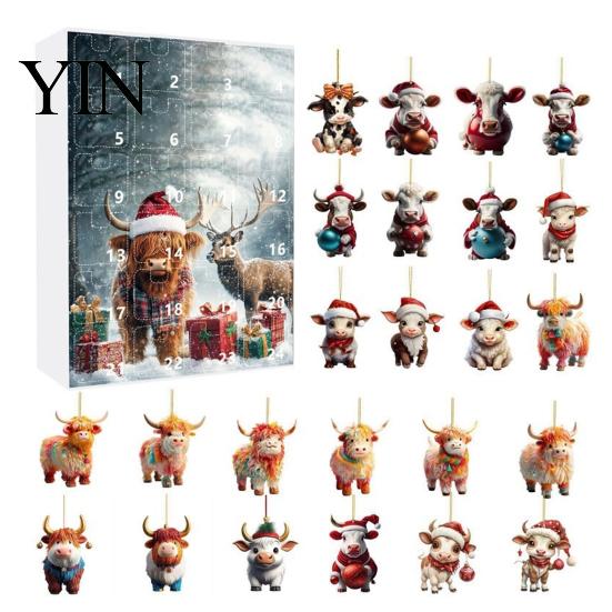 Decorative Acrylic Ornaments for Windows Doors Christmas Advent Calendar, 24 Day Countdown Box with Highland Cow Hanging Tree Pendants, Festive Decor,