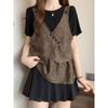 Plus Size Summer Patchwork Shoulder Fake Two Pieces Short Sleeve Bottoming Shirt Fat Sister Stylish Niche Style Cinched Slimming Pullover