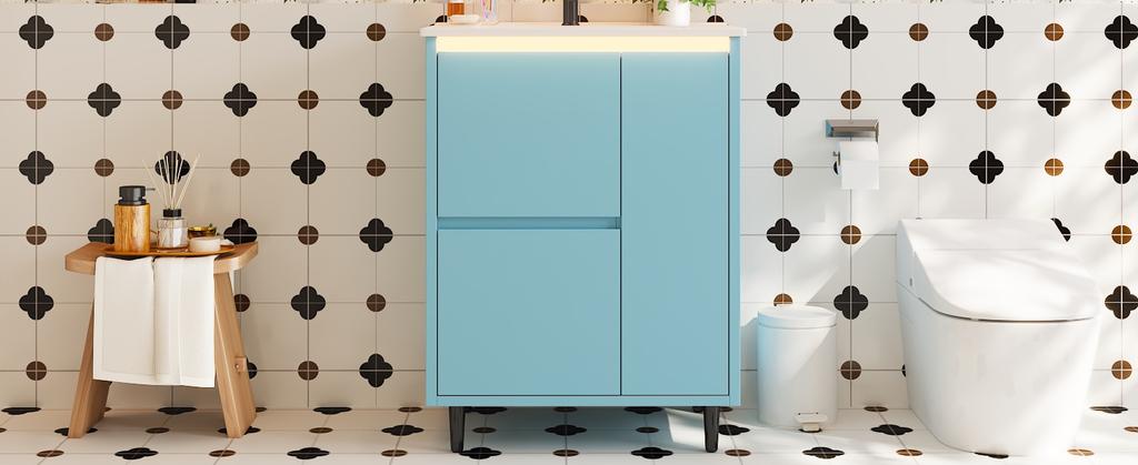 61*46.5*87Cm, freestanding bathroom washstand, lacquered surface, integrated ceramic basin, soft-close hinges, two drawers, high-leg design, blue.