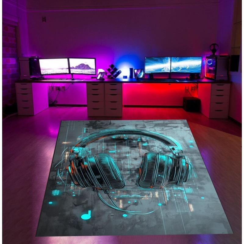 

Colorful Headphone Rug Glowing Effect on Circuit Board Carpet Futuristic Gamer Floor Mat for Music Lover & Tech Enthusiast Cute 40x60cm
