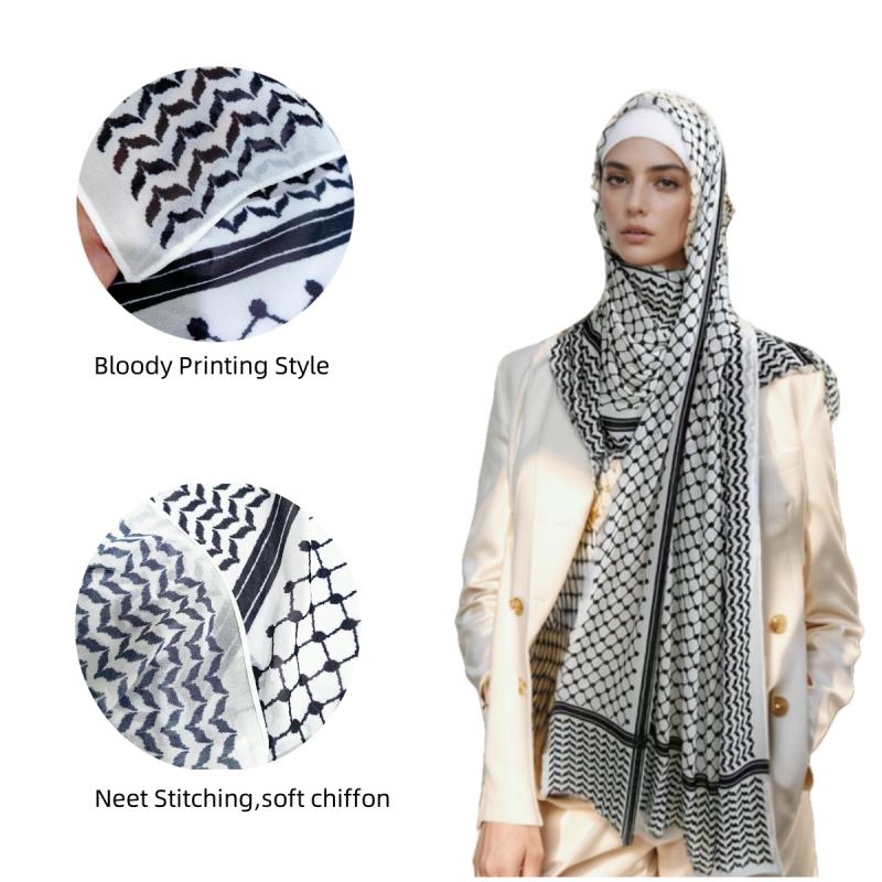 Popular Scarf Keffiyeh Print Muslim Ladies Chiffon Hijab Keffiyeh Fashion Ladies Soft Headwraps Geometric Arab Women Shawl