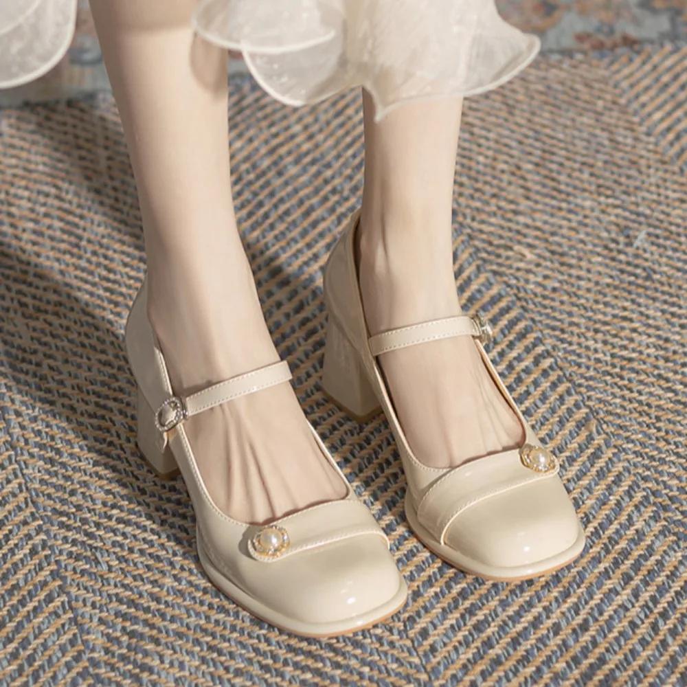 Fashion High Heeled Women's 2025 Spring/summer New Mary Jane Shoes Thick Heels High Heels Womens Leather Shoes Retro Round Toe Pumps