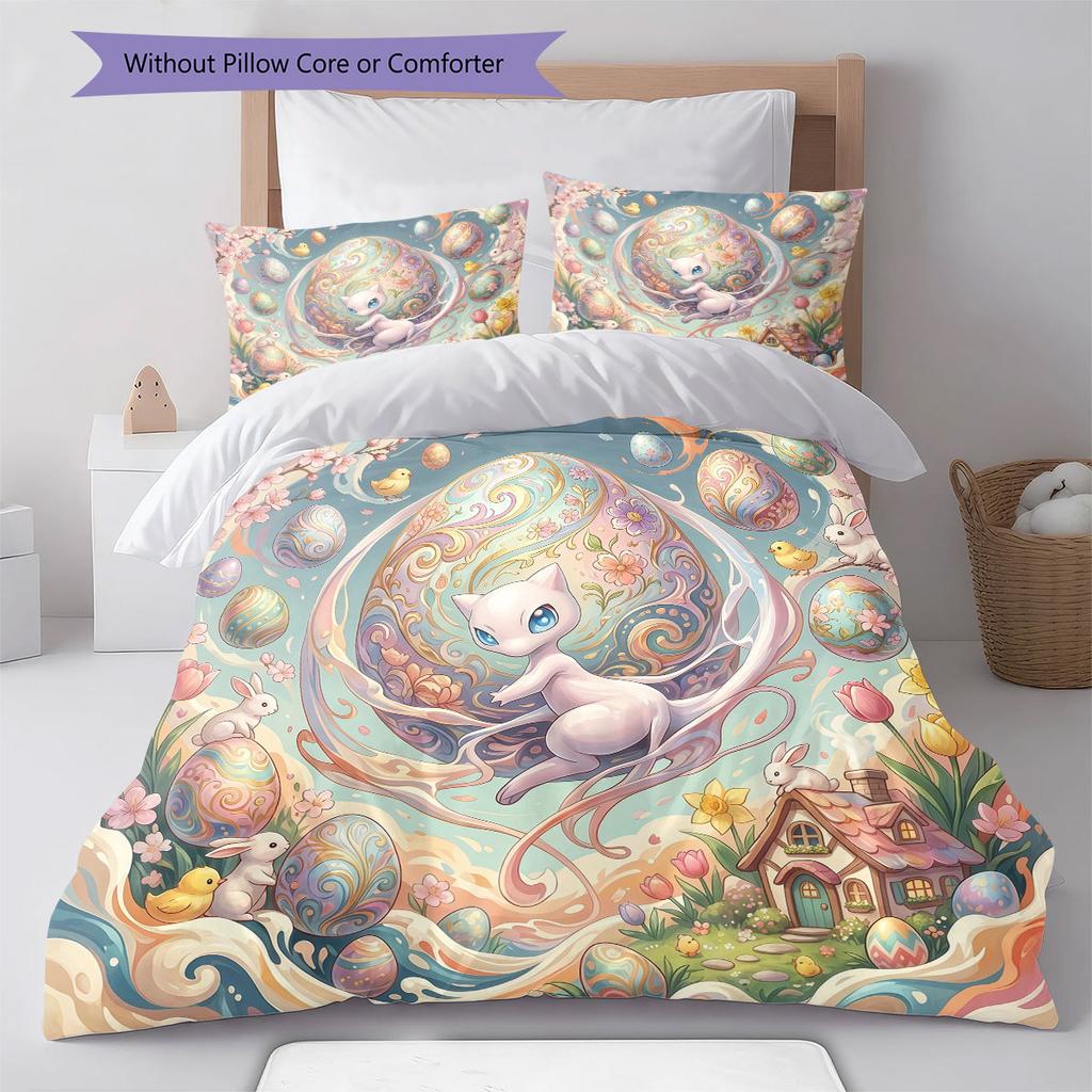 Anime Easter Pokemon Pattern Bedding Quilt Set Quilt Cover Pillowcase Home Decoration Birthday Gift (1 * duvet cover + 2 * pillowcase, without core)