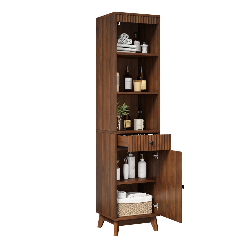 Mobile da Bagno Alto Autoportante, Frontali a Scanalature Verticali, Porta Reversibile Sinistra-Destra, Cassetto, Cerniere Soft-Close, 40×36×172 cm, Colore Noce