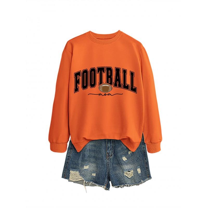 Womens Casual Round Neck Long Sleeve Cotton Sweatshirt With Football Mom Print - Loose Fit Plus Size S-XXL