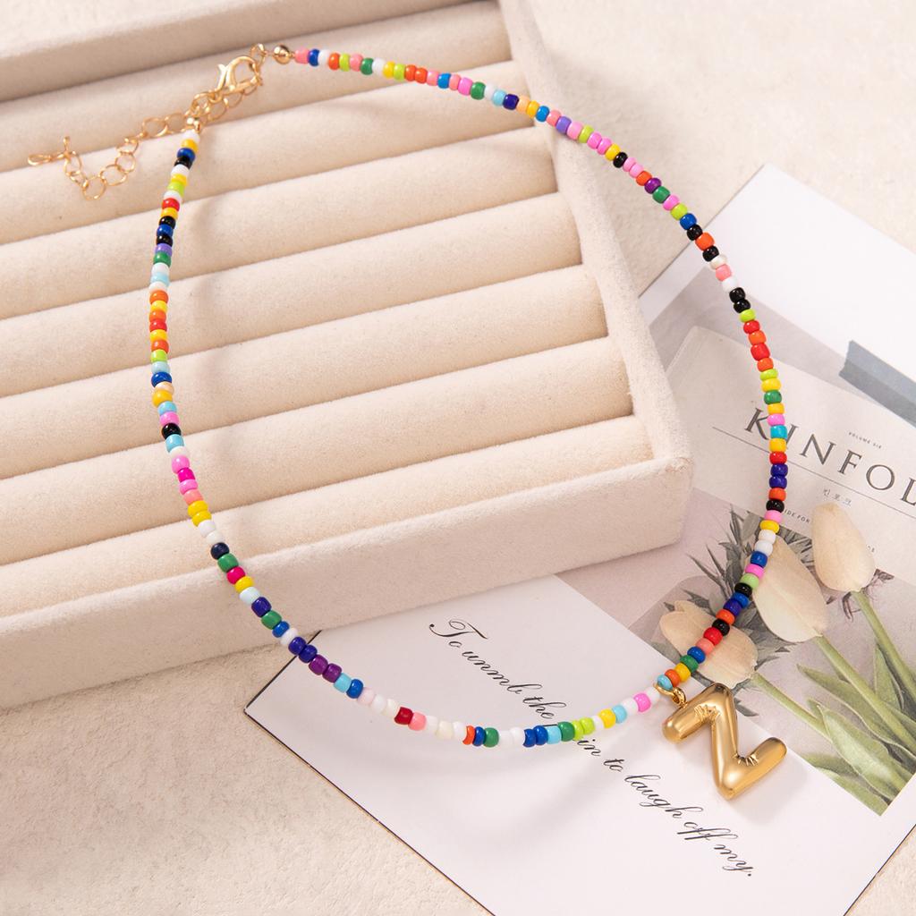 Bubble Alphabet Colored Rice Beads Handmade Beaded Delicate Beach Bohemian Necklace Collarbone Chain