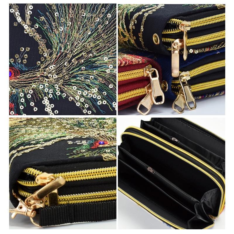 Frauen Brieftasche Lange Zipper Geldbörse Designer Luxus Handgemachte Stickerei Pfau Retro Kupplung Brieftasche Weibliche für Teenager Mädchen