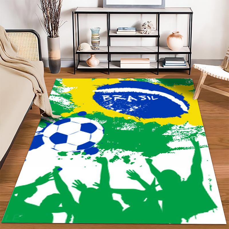 Fußballteppich inspiriert von der brasilianischen Flagge mit grünem, gelbem und blauem Design, geeignet als Antirutsch für Wohnzimmer, Schlafzimmer, Sofas