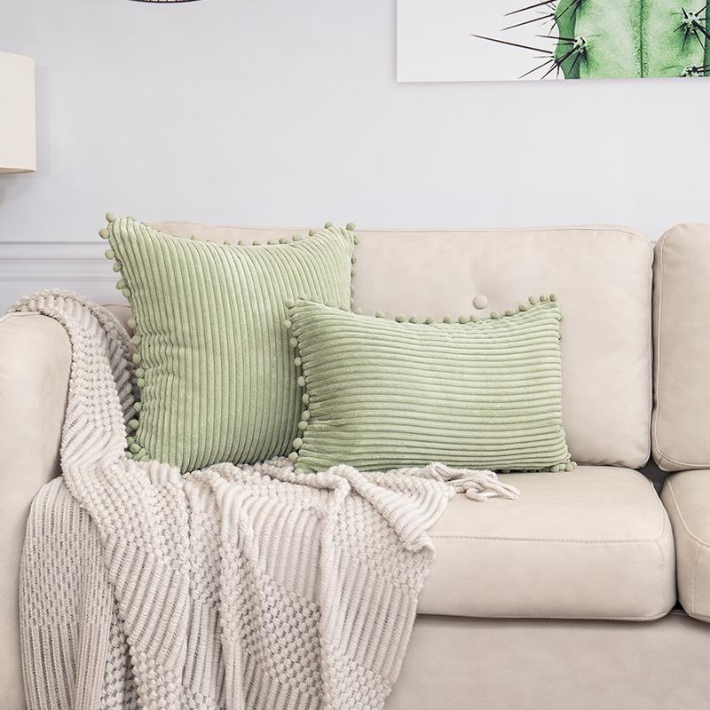 2PCS Boho Chic Corduroy Throw Pillow Cover with Pom-Poms - Soft, Striped Square Cushion Case for Living Room & Bedroom Decor, Perfect for Weddings