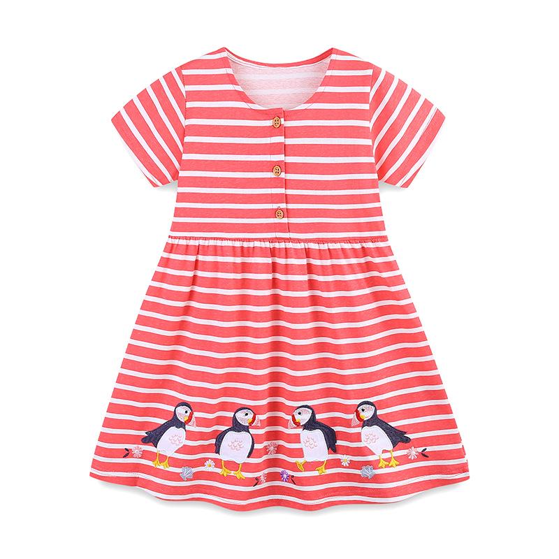 European Style Striped Princess Dresses: Cute Animal Embroidery Short Sleeve for Girls
