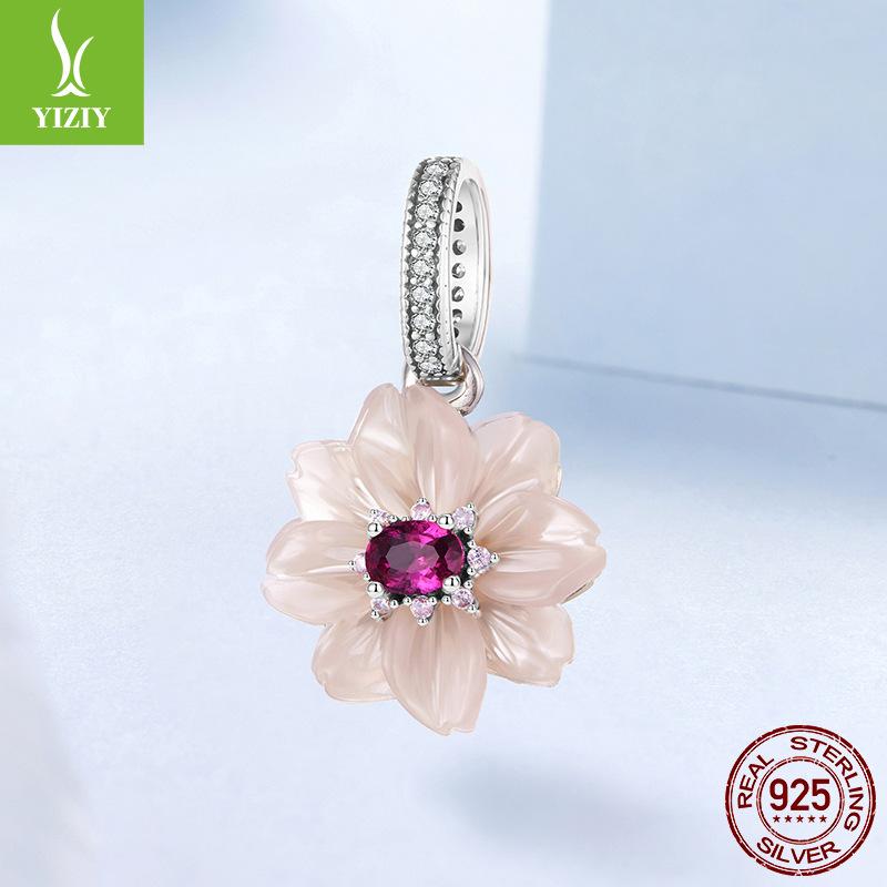 Pink Eternal Flower S925 Sterling Silver Pendant Accessories Romantic Sweet Wind Flower Bracelet Beaded