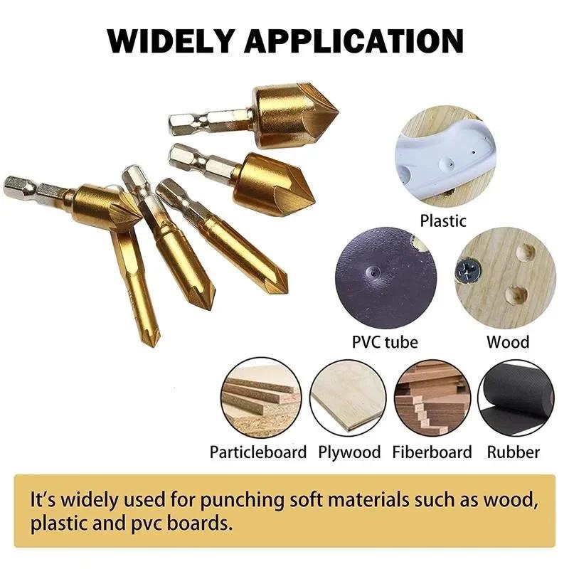 3/6pcs Countersink Drill Bit Set 1/4'' Hex Shank HSS 5 Flute Countersink 90 Degree Wood Chamfering Cutter Chamfer 6mm-19mm