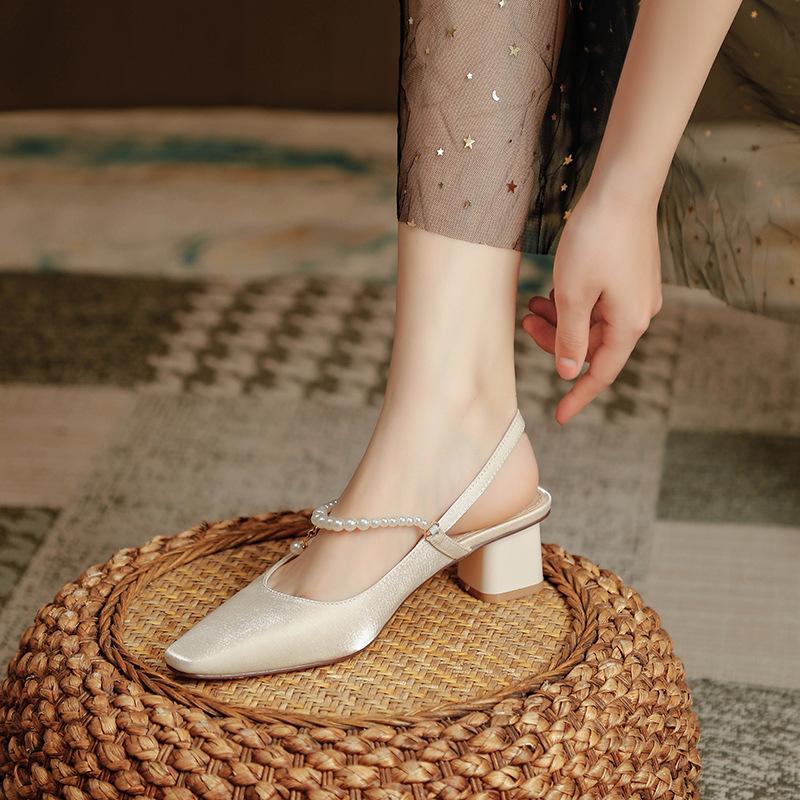 High-heeled bag head sandals women's summer 2025 new square head back strap pearl sexy fairy wind thick heel medium heel single shoes
