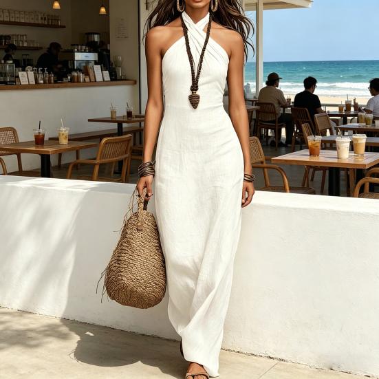 Women's Halter Neck Sundress Crisscross Sleeveless Bodycon Maxi Dress Summer Beach Travel Vacation Long Dress