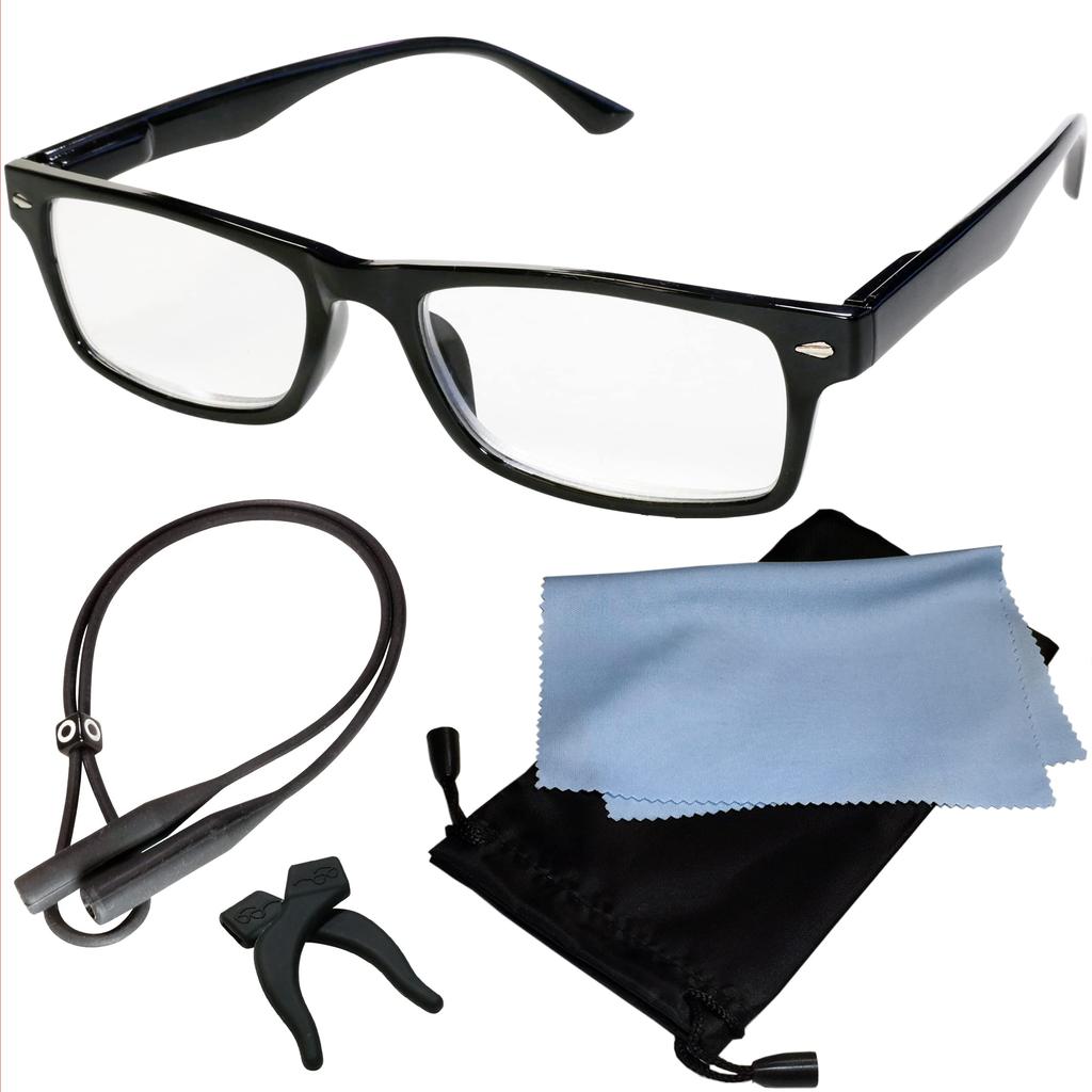 JapaNice 5-Piece Set of Hands-Free Magnifying Glasses with Black Frame and Blue Light Blocking Lenses (2.2x Magnification, Black Frame, Blue Light