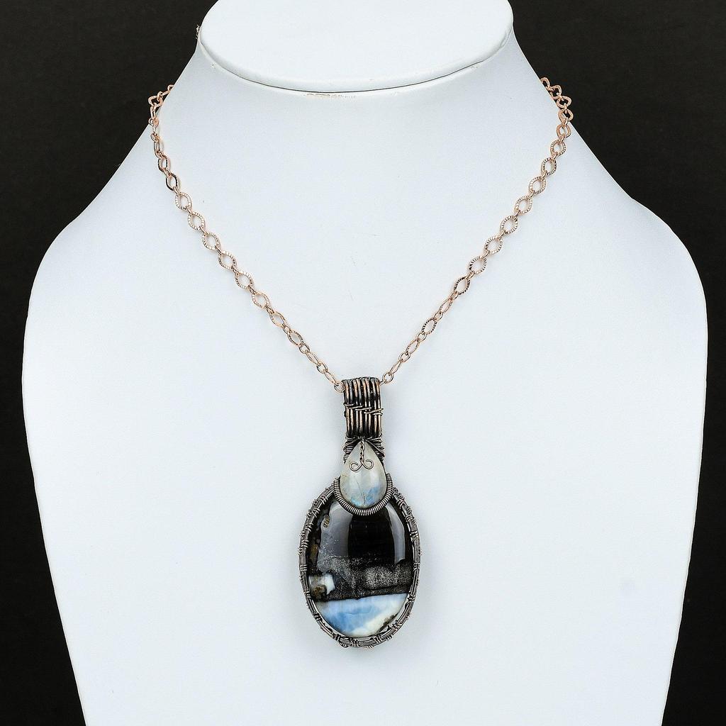 Owyhee Blue Opal Copper Wire Wrapped Pendant Rainbow Moonstone Copper Jewelry Designer Jewelry Gift For Her Handmade Dainty Gemstone Pendant