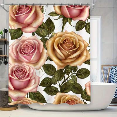 Rosa Rose Duschvorhang 3D-Druck Wasserdicht Badezimmer Dekoration Künstliche Blumen Pflanzen Heimwerker
