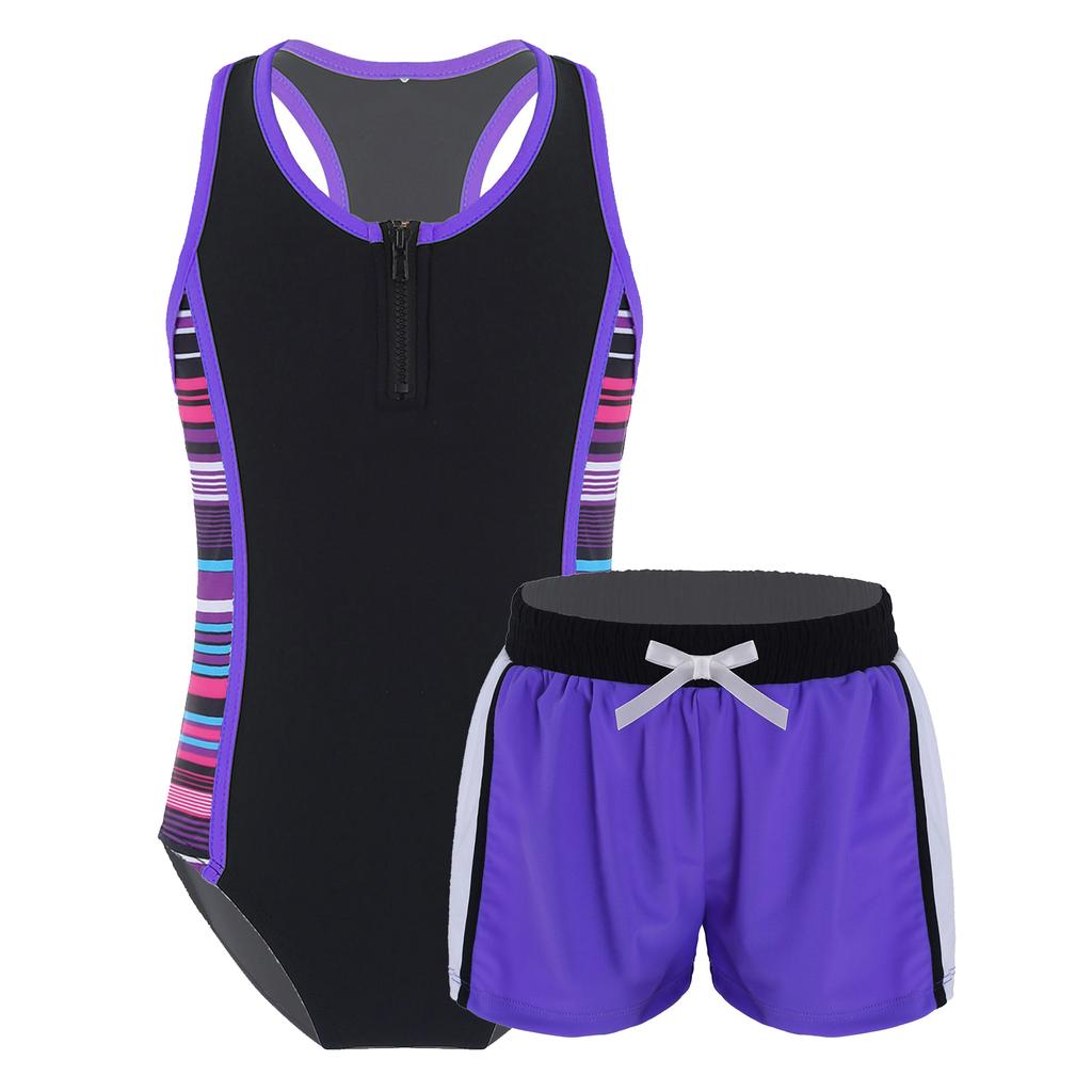 Girls One Piece Swimsuit Set Sleeveless Racer Back Design Matching Boyshorts Beach Swimwear Outfit